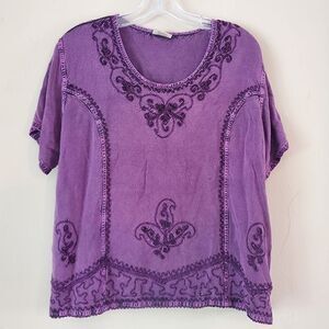 DEVI Women's Purple Short Sleeve Top Embroidered Size Large Lagenlook Boho